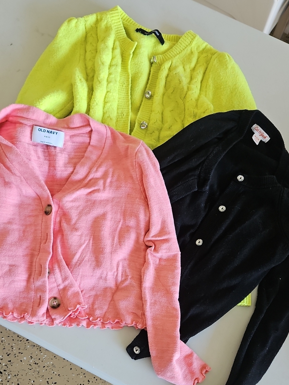 Girls' Pink, Black & Neon Yellow Cardigan Trio - Knit Button-Front
